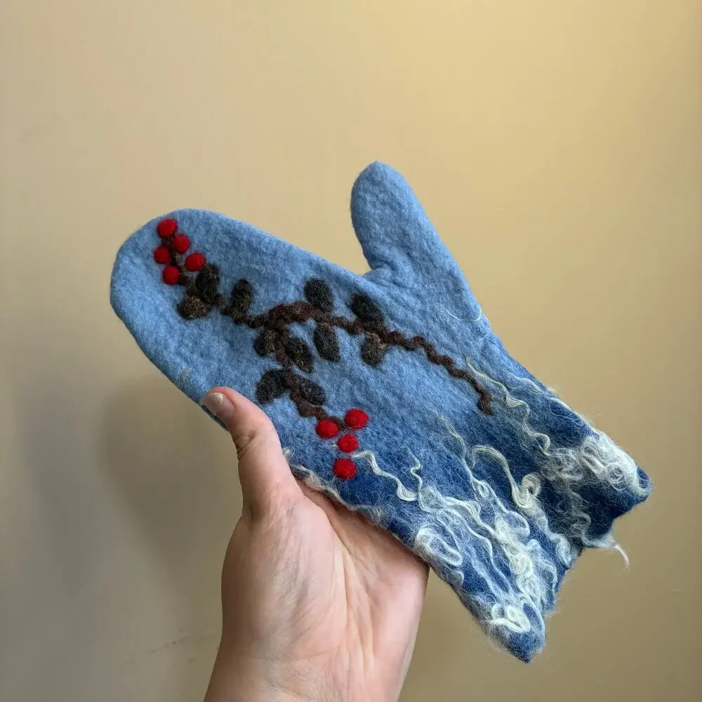 Handmade vintage felted gloves blue antique mittens one size vines berries